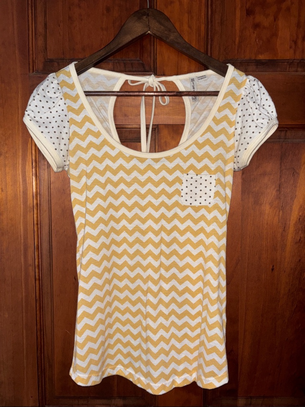 Miken Yellow Chevron Scoop Neck Top with Polka-Dot Sleeves